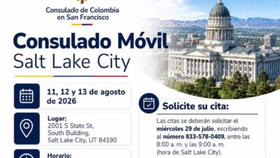 Afiche del Consulado Móvil de Colombia en Salt Lake City, Utah, del 11 al 13 de agosto de 2026