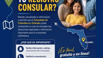 Pieza del Consulado de Colombia en Orlando y Colombia Nos Une que invita a actualizar el registro consular, con una familia sonriente y un mapa de Florida