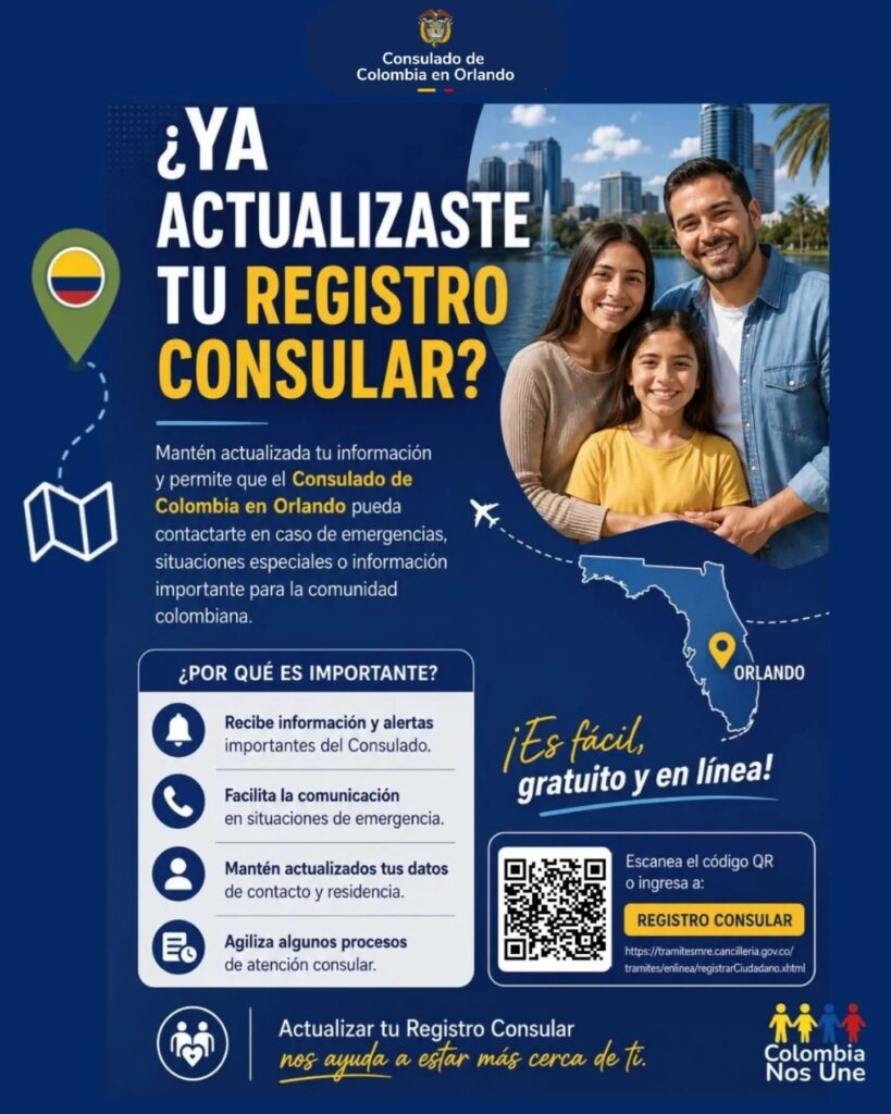 Pieza del Consulado de Colombia en Orlando y Colombia Nos Une que invita a actualizar el registro consular, con una familia sonriente y un mapa de Florida