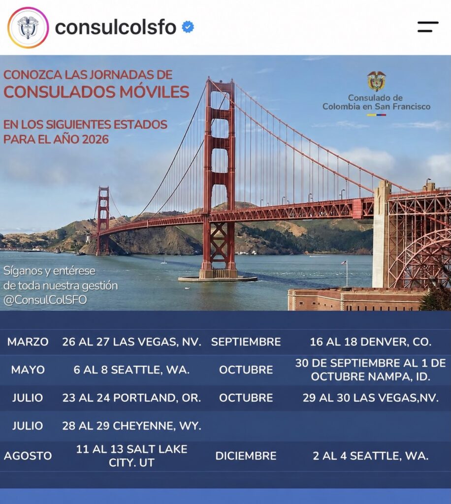 Calendario 2026 de consulados móviles del Consulado de Colombia en San Francisco con fechas en Las Vegas, Seattle, Portland, Cheyenne, Salt Lake City, Denver y Nampa
