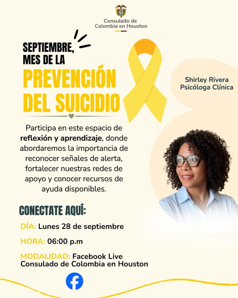 Pieza del Consulado de Colombia en Houston sobre septiembre, mes de la prevención del suicidio, con lazo amarillo y la psicóloga invitada a la charla virtual
