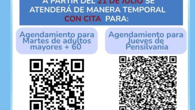 Aviso del Consulado de Colombia en Newark sobre la atención temporal con cita para martes de adultos mayores de 60 y jueves de Pensilvania, con códigos QR