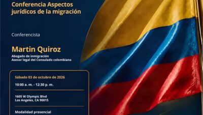 Invitación de la Mesa de Migración del Consulado de Colombia en Los Ángeles a la conferencia Aspectos jurídicos de la migración, con bandera de Colombia
