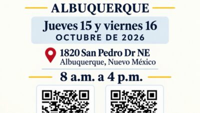 Cartel del Consulado Móvil de Colombia en Albuquerque, Nuevo México, con fechas, horario, dirección y códigos QR de preinscripción