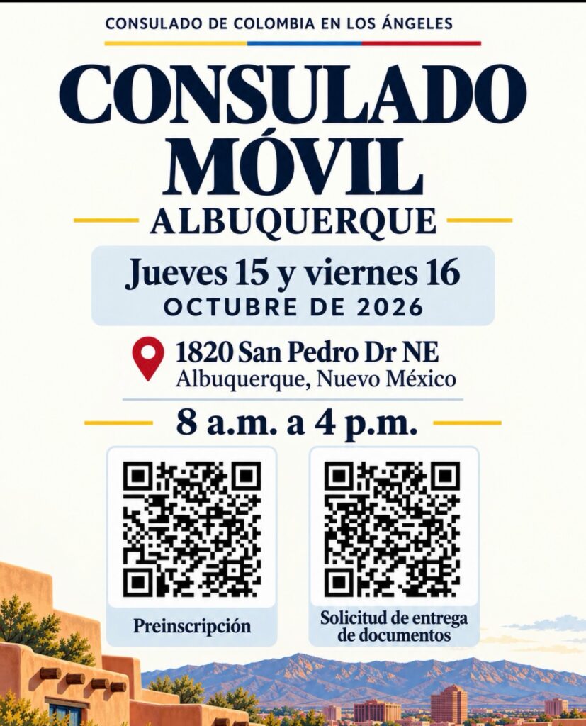 Cartel del Consulado Móvil de Colombia en Albuquerque, Nuevo México, con fechas, horario, dirección y códigos QR de preinscripción