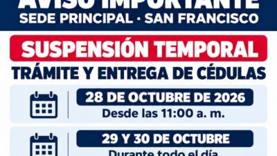 Aviso del Consulado de Colombia en San Francisco sobre la suspensión del trámite y entrega de cédulas del 28 al 30 de octubre