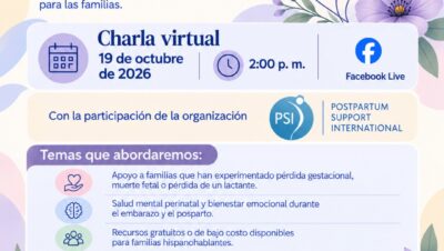 Afiche de la charla virtual sobre pérdida gestacional, perinatal y de lactantes del Consulado de Colombia en Chicago, 19 de octubre de 2026