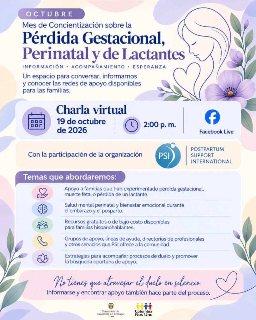 Afiche de la charla virtual sobre pérdida gestacional, perinatal y de lactantes del Consulado de Colombia en Chicago, 19 de octubre de 2026