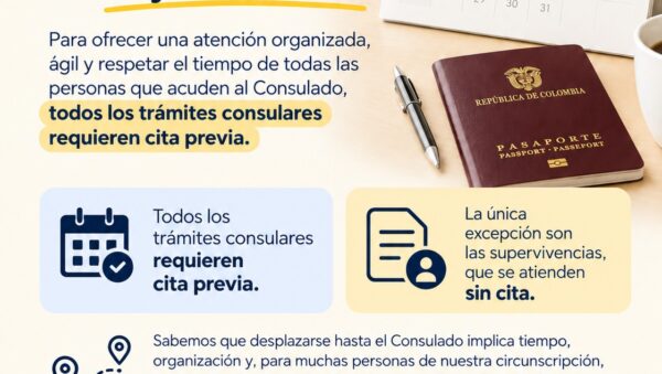 Aviso del Consulado de Colombia en Chicago sobre la cita previa para trámites consulares