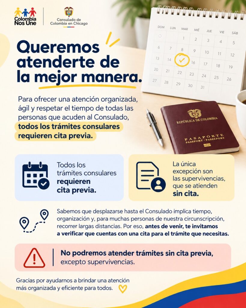 Aviso del Consulado de Colombia en Chicago sobre la cita previa para trámites consulares