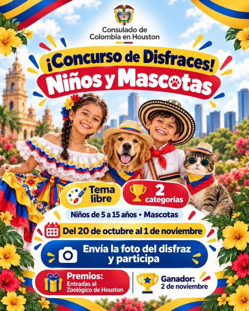 Afiche del concurso de disfraces para niños y mascotas del Consulado de Colombia en Houston