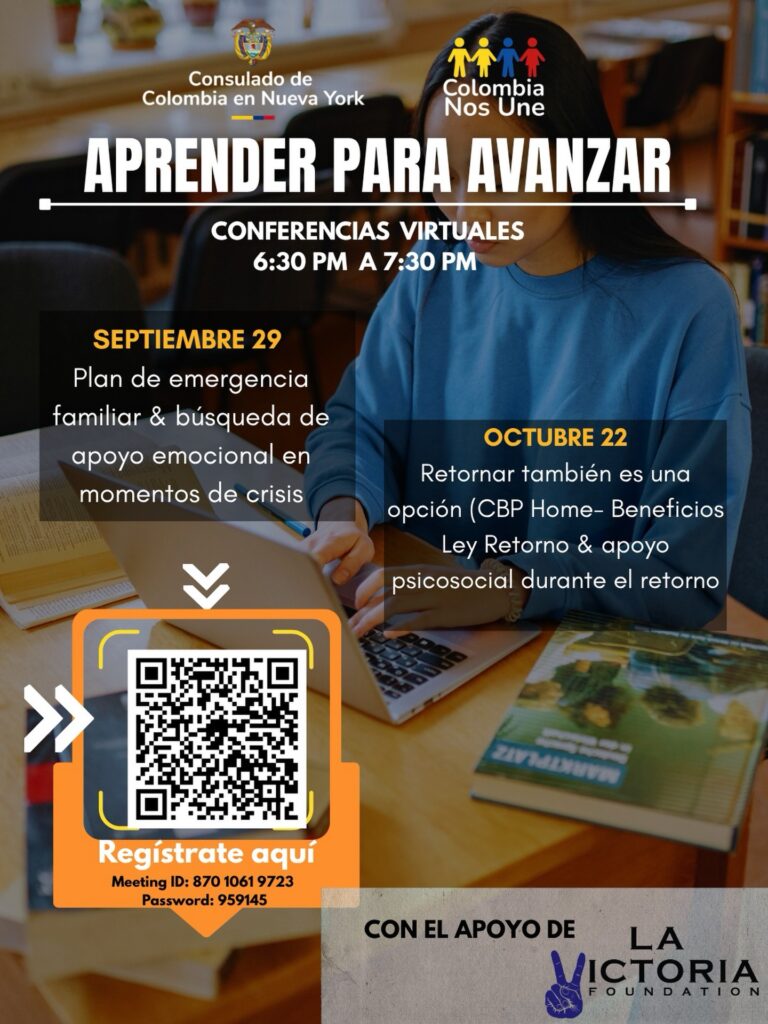 Afiche del ciclo Aprender para avanzar del Consulado de Colombia en Nueva York y Colombia Nos Une con la conferencia sobre retorno del 22 de octubre