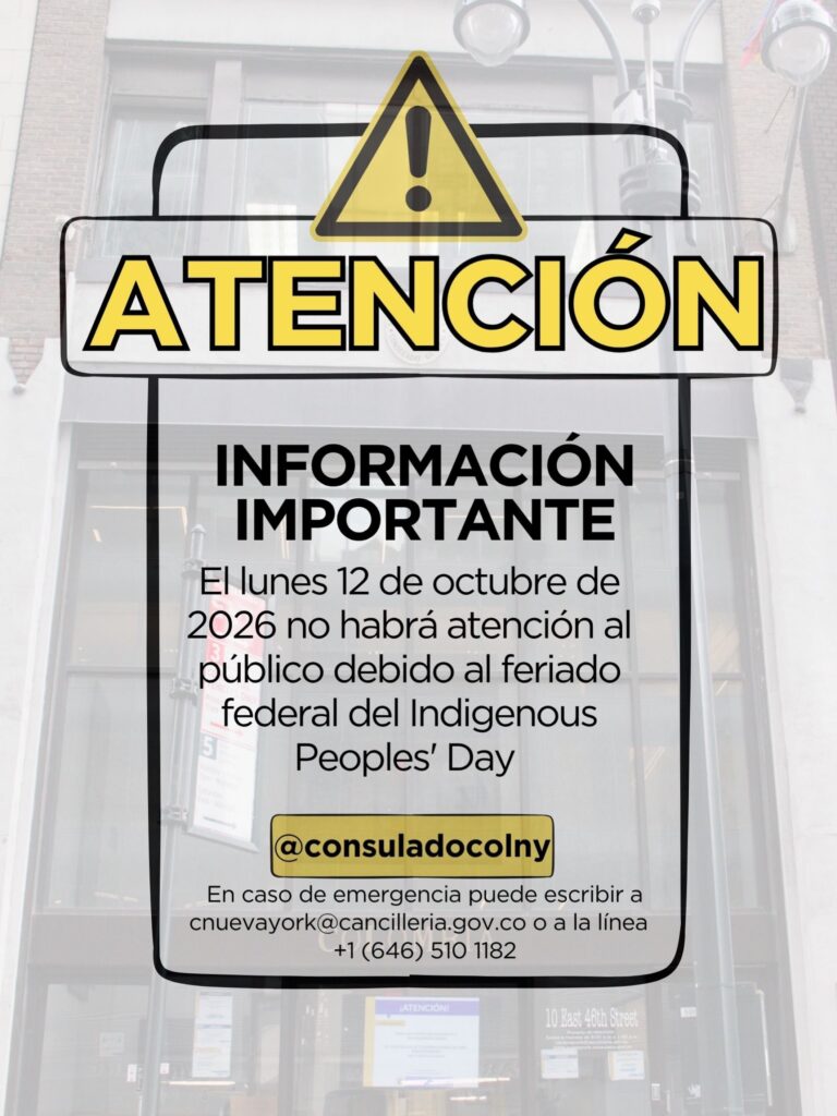 Aviso del Consulado de Colombia en Nueva York sobre el cierre del 12 de octubre de 2026 y la atención sin cita para mayores de 62 años