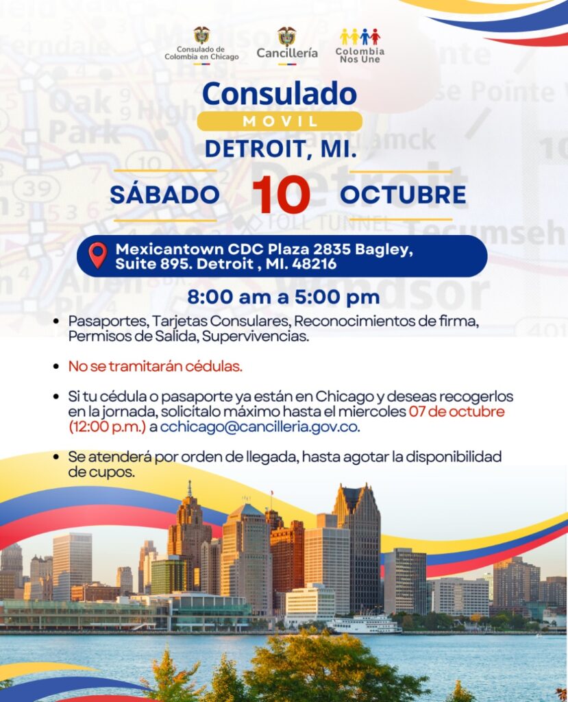 Afiche del Consulado Móvil de Colombia en Detroit, Michigan, con fecha, horario y lugar de la jornada del 10 de octubre