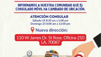 Anuncio del cambio de ubicación del Consulado Móvil en New Orleans a St. Rose, Luisiana, con horarios del 24 y 25 de octubre