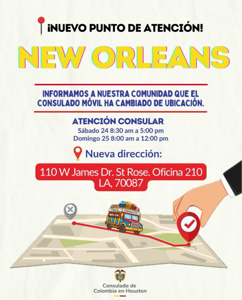 Anuncio del cambio de ubicación del Consulado Móvil en New Orleans a St. Rose, Luisiana, con horarios del 24 y 25 de octubre