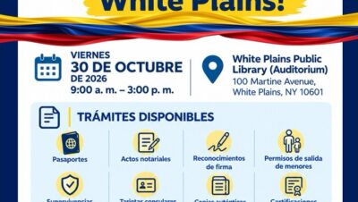 Afiche del Consulado Móvil en White Plains del Consulado de Colombia en Nueva York, 30 de octubre en la White Plains Public Library