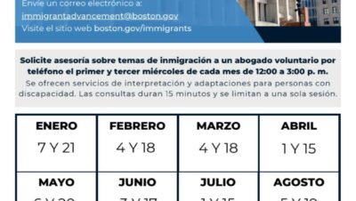 Volante de consultas migratorias gratuitas en Boston 2026 con el calendario de fechas por mes