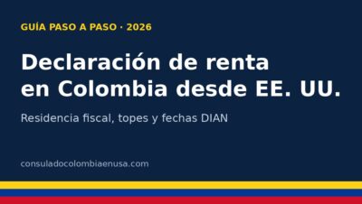 Gráfico con el texto Declaración de renta en Colombia desde EE. UU. sobre fondo azul con franja tricolor