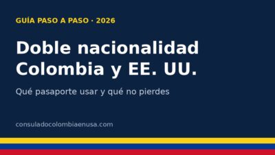 Gráfico con el texto Doble nacionalidad Colombia y EE. UU. sobre fondo azul con franja tricolor