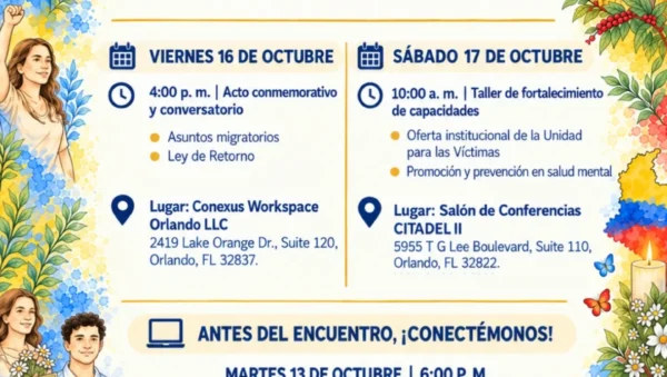 Afiche del Encuentro para Víctimas en Orlando del Consulado de Colombia con fechas del 16 y 17 de octubre, lugares y códigos QR de registro