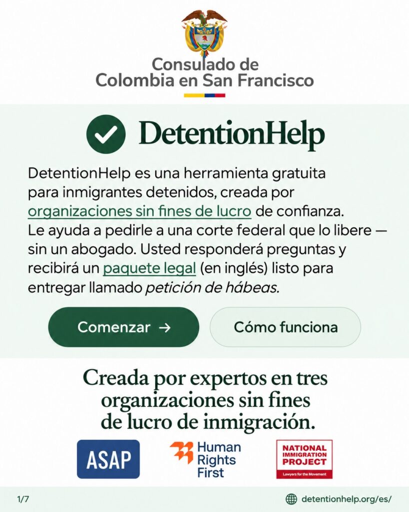 Imagen del Consulado de Colombia en San Francisco que presenta DetentionHelp, herramienta gratuita para preparar un habeas corpus