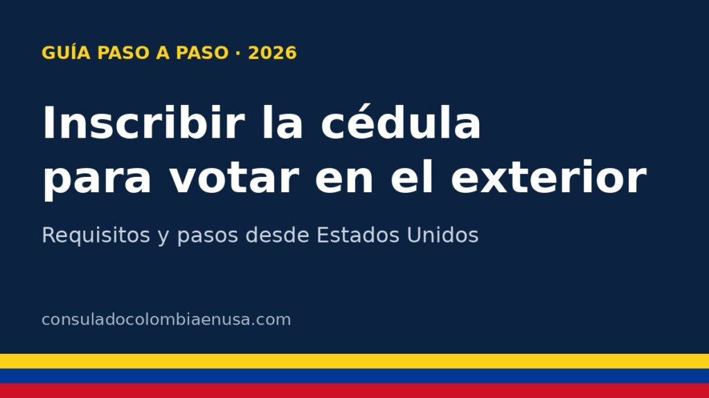 Gráfico con el texto Inscribir la cédula para votar en el exterior, sobre fondo azul con franja tricolor de Colombia