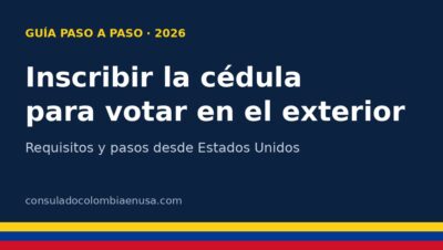 Gráfico con el texto Inscribir la cédula para votar en el exterior, sobre fondo azul con franja tricolor de Colombia