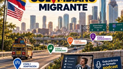 Pieza de lanzamiento del podcast La Ruta del Colombiano Migrante del Consulado de Colombia en Houston