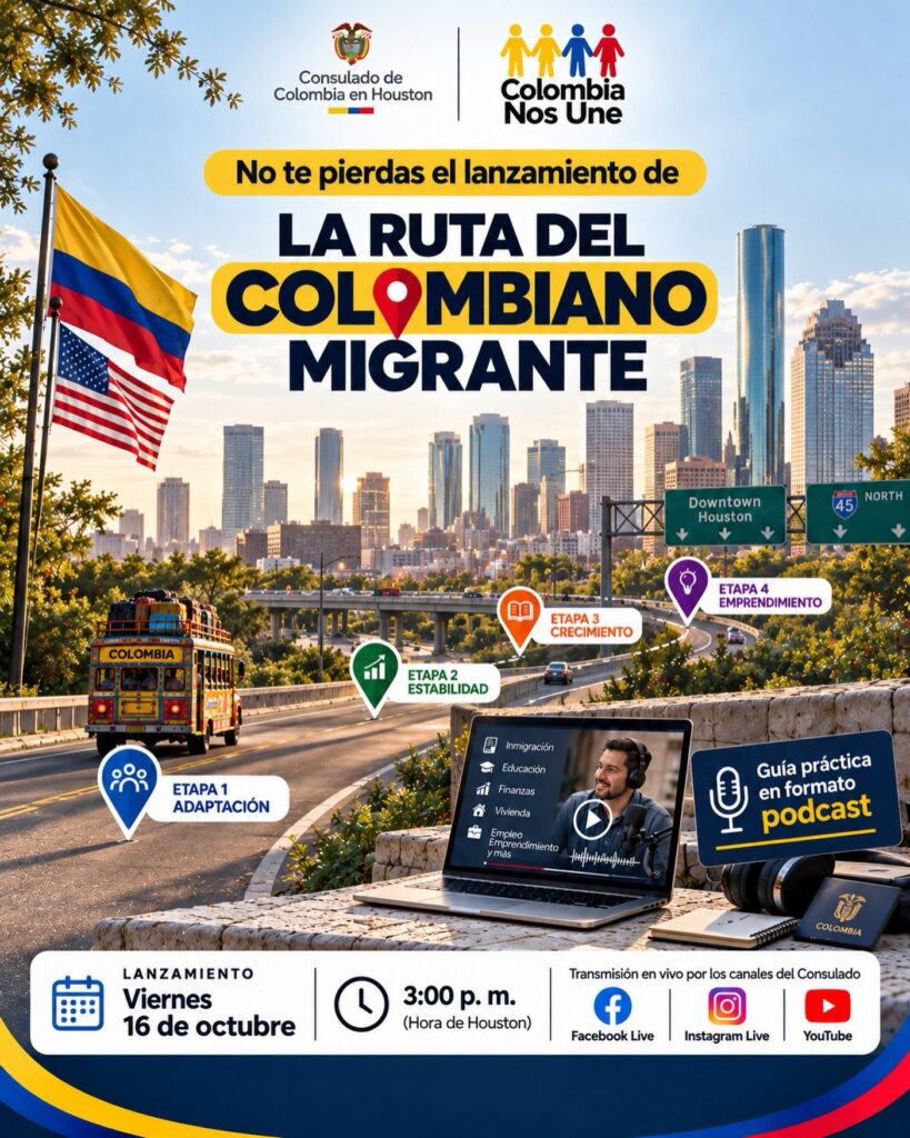 Pieza de lanzamiento del podcast La Ruta del Colombiano Migrante del Consulado de Colombia en Houston