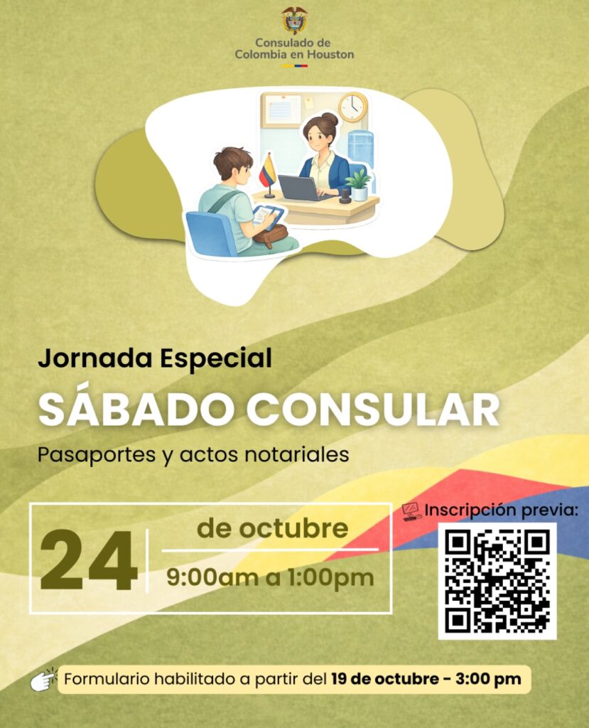 Afiche del Sábado Consular en Houston del 24 de octubre de 2026, de 9:00 a.m. a 1:00 p.m., para pasaportes y actos notariales con inscripción previa