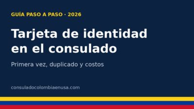 Gráfico con el texto Tarjeta de identidad en el consulado sobre fondo azul con franja tricolor
