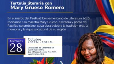 Invitación a la tertulia Voces del Pacífico con Mary Grueso Romero en el Consulado de Colombia en Washington D. C. el 28 de octubre
